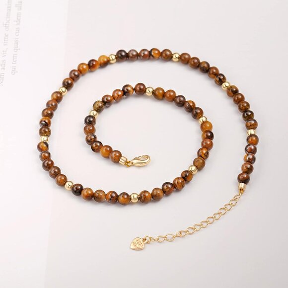 Elegant Tiger Eye Choker Necklace | 18k Gold Accents & Adjustable 15" Length - Picture 7 of 7